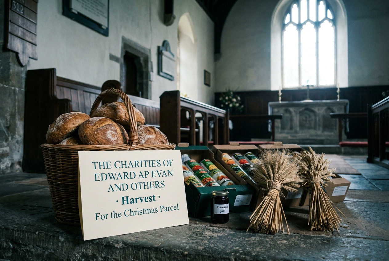 The chancel step of St Gwrthwl's Church set for a harvest collection with loaves, tinned food and sheaves of barley.