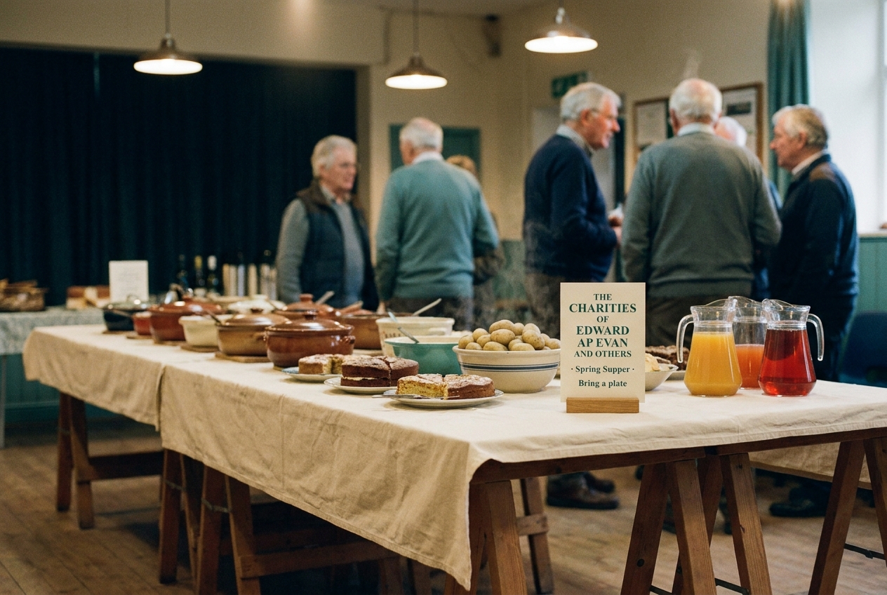 Long folding tables in Llanwrthwl Village Hall laid for the bring-and-share spring supper, with mismatched dishes of casseroles and cakes.