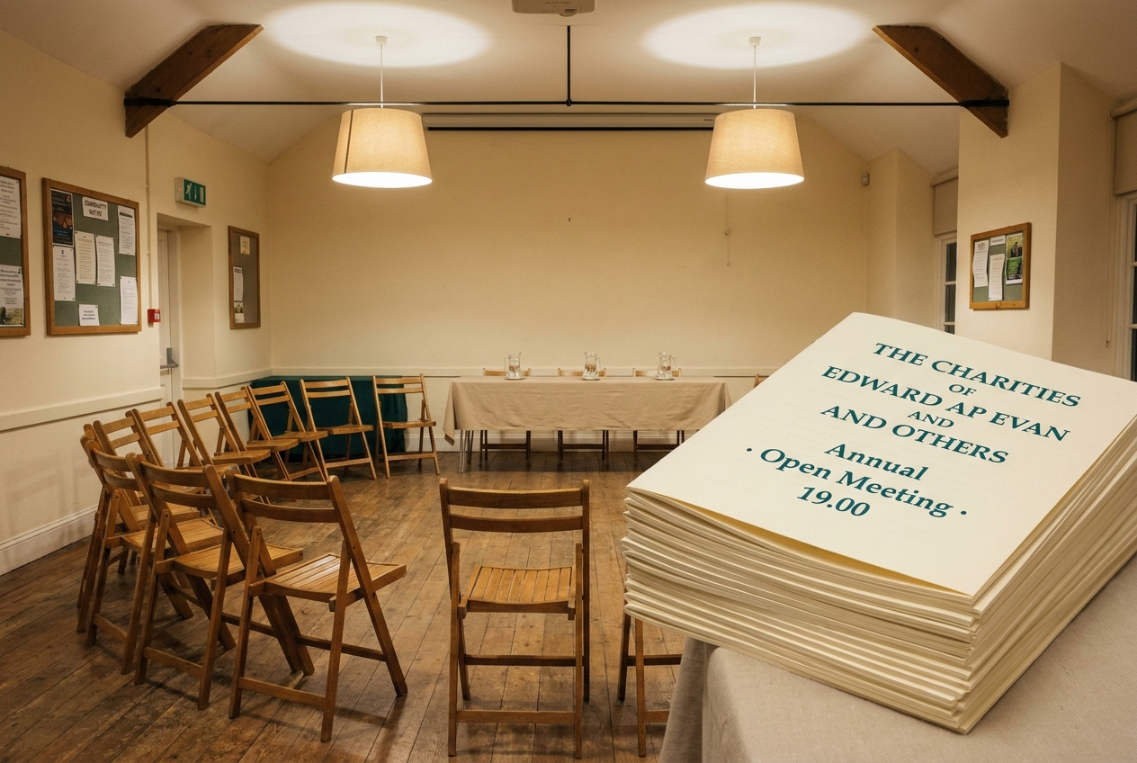 Llanwrthwl Village Hall set for the Annual Open Meeting with a horseshoe of folding chairs and printed agendas.
