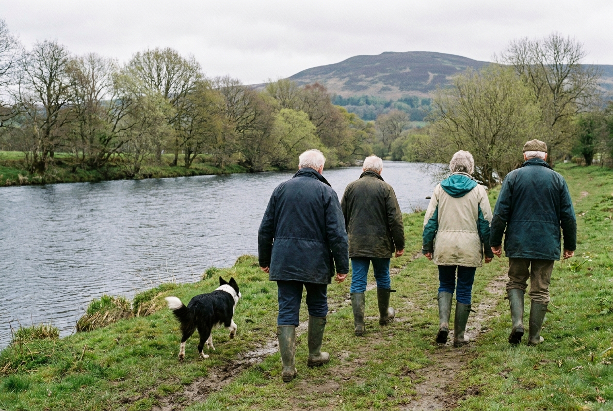 A small group of walkers from behind on a grassy riverside path along the upper Wye, a border collie running ahead.