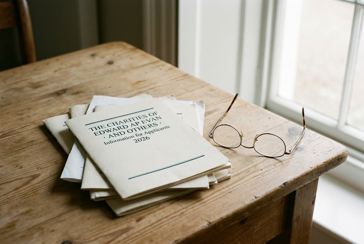 A small pile of cream-stock printed booklets and folded application forms on a plain pine table.