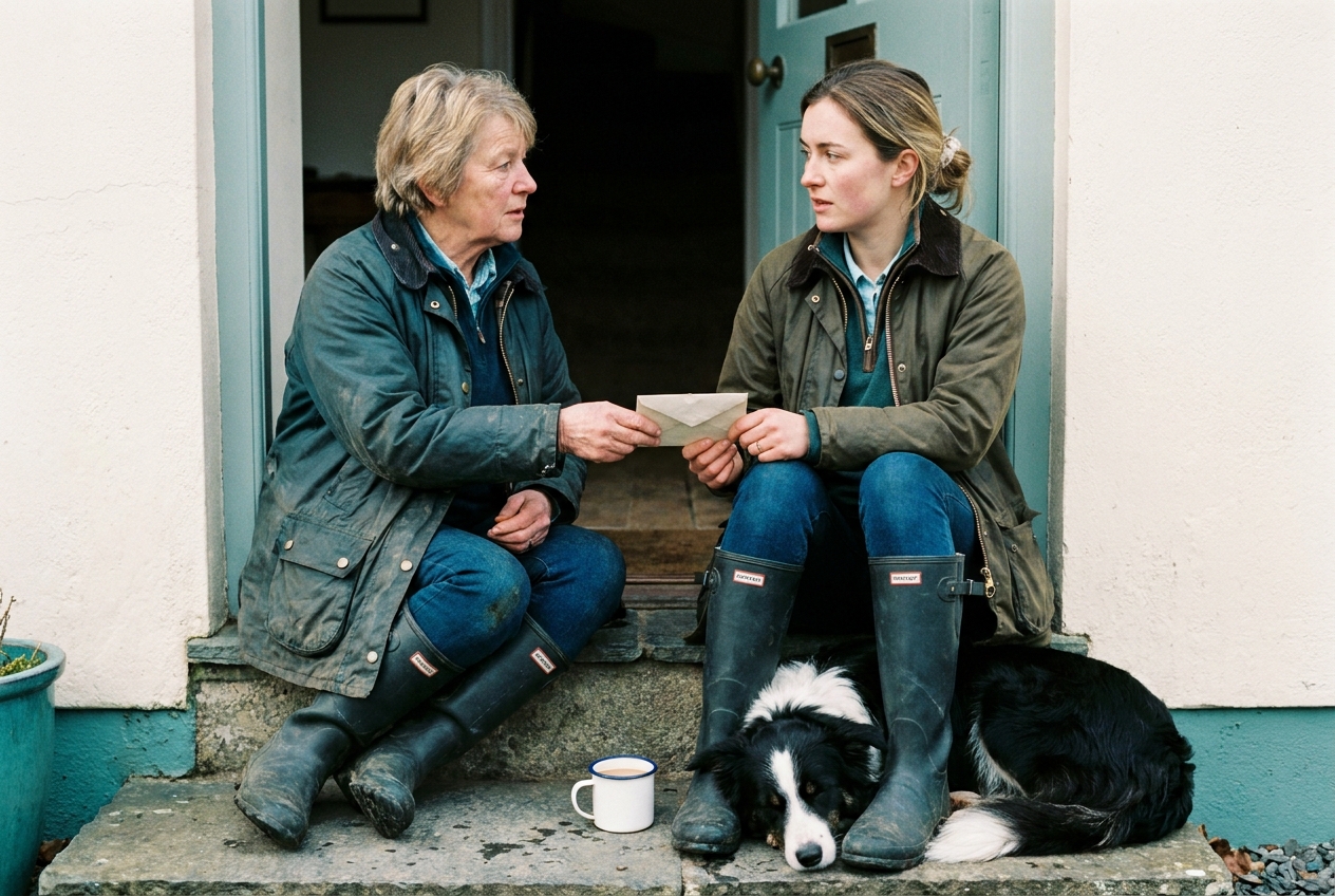 Two neighbours on a Llanwrthwl doorstep in winter, the older handing the younger a small folded envelope.