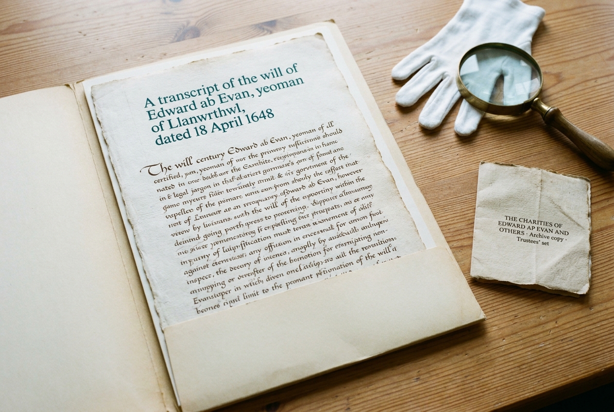 A cream-stock folder on a pine table containing a transcribed sheet of the 1648 will of Edward ab Evan.