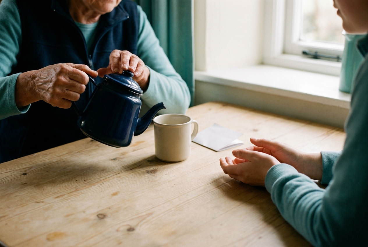 Two pairs of hands across a plain pine kitchen table in a Llanwrthwl cottage — an older woman pouring tea, a younger woman listening.