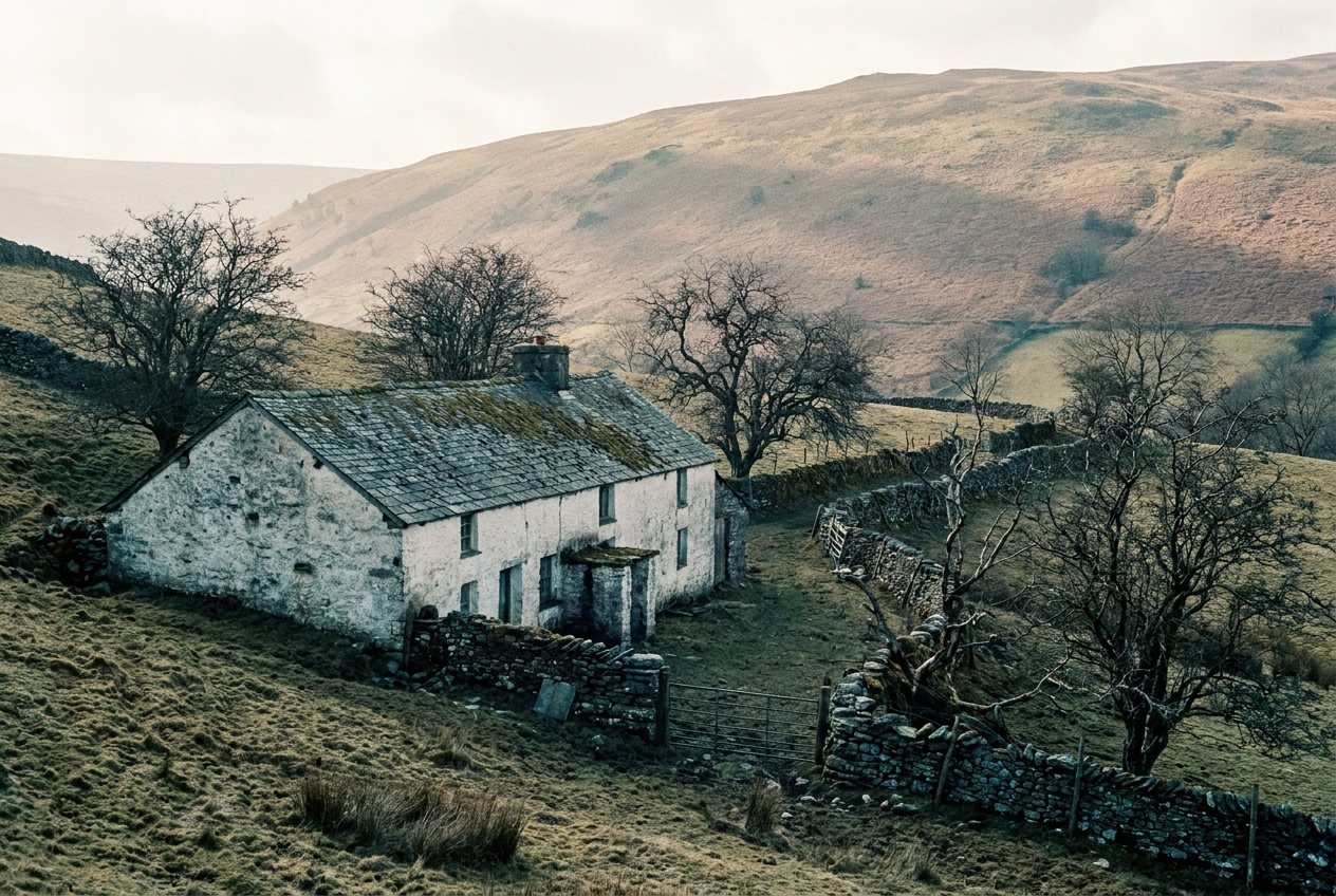 A long whitewashed stone longhouse on a slope above Llanwrthwl, in the manner of Cae'r Llan.