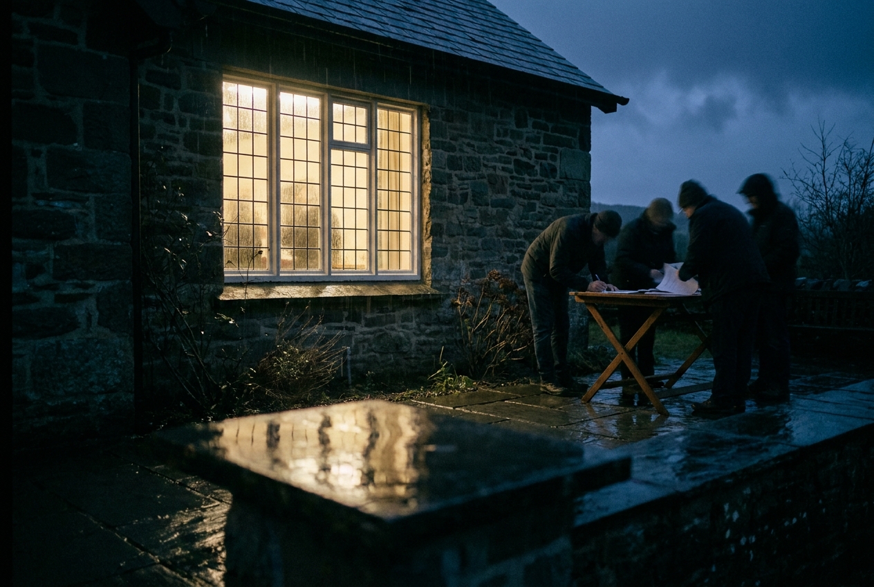 The window of Llanwrthwl Village Hall from outside on a January evening.