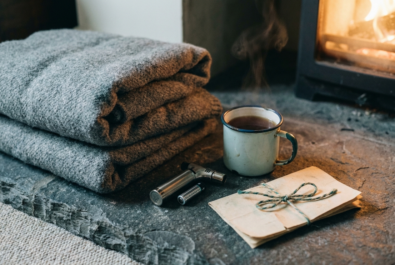 A folded grey blanket, an enamel mug of tea, and a torch on a Welsh slate hearth.