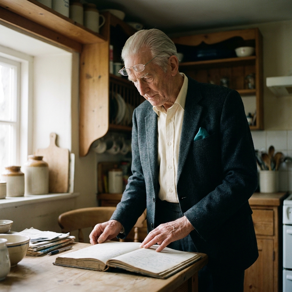 Gareth Thomas in his kitchen with an open ledger and half-moon reading glasses.
