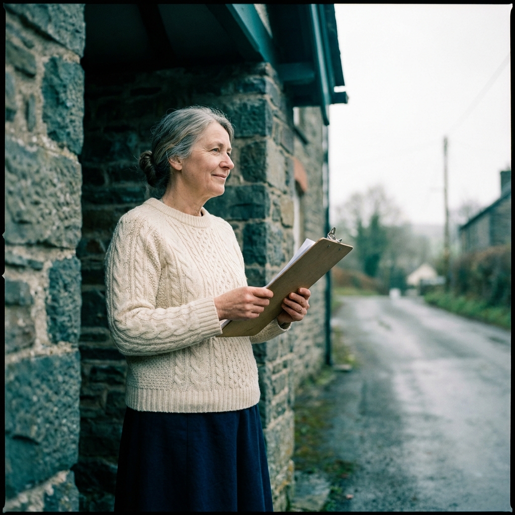 Jennifer Thomas in the porch of Llanwrthwl Village Hall holding a clipboard.