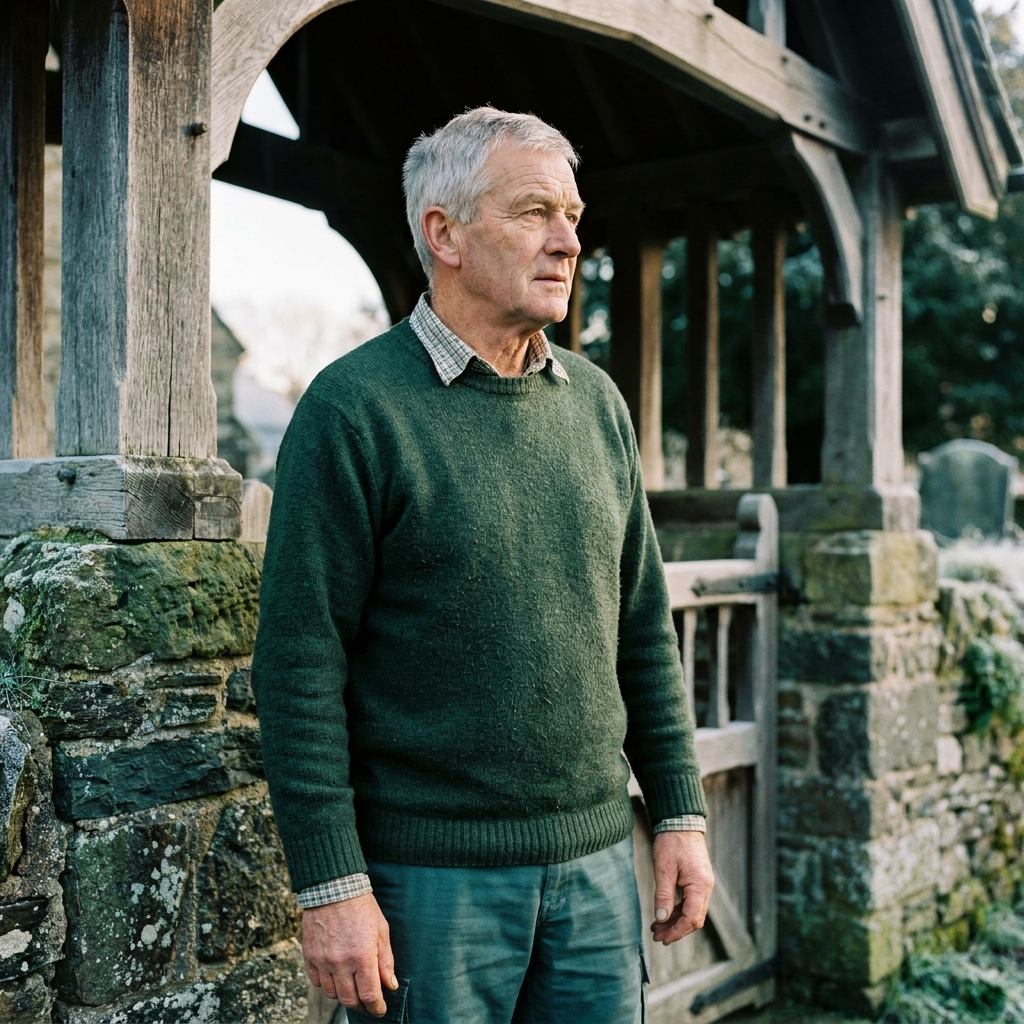 Robert Lewis at the lych-gate of St Gwrthwl's Church on a bright cold morning.