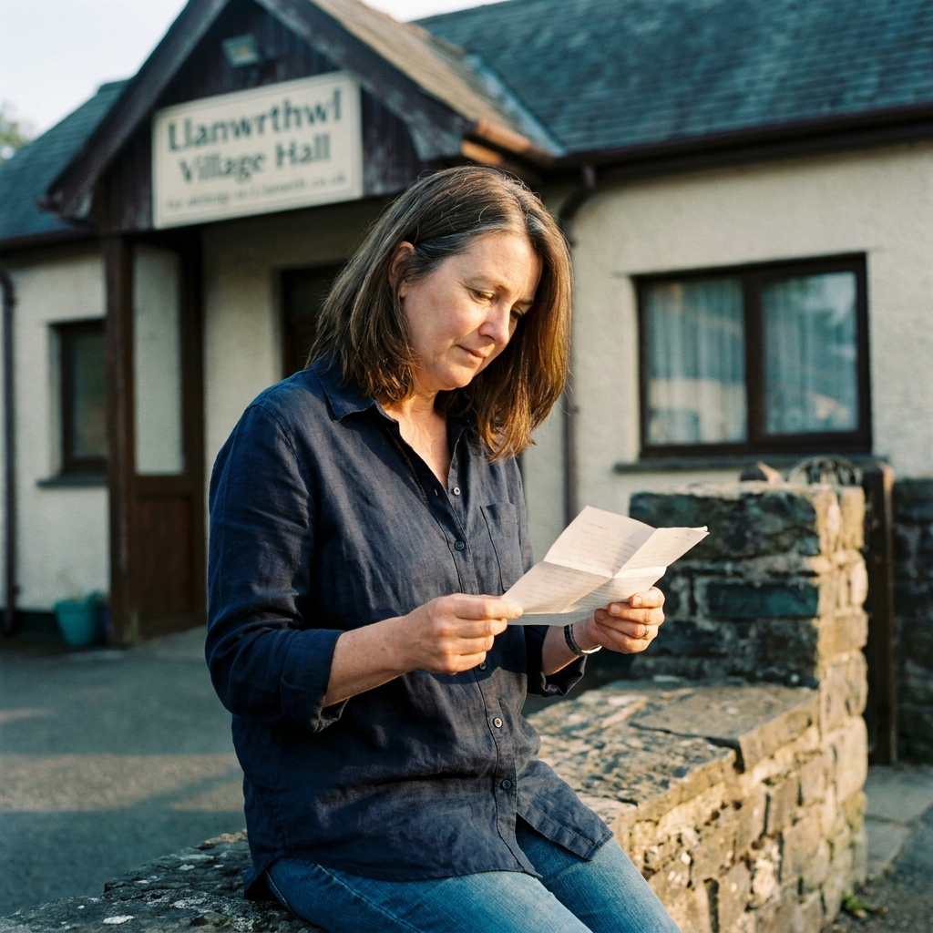 Sharon Morris reading a folded letter on a low stone wall outside Llanwrthwl Village Hall.