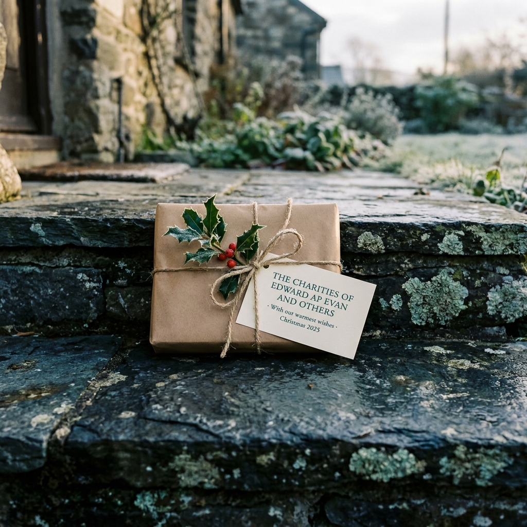 A small brown-paper parcel tied with twine on a slate doorstep with a sprig of holly.