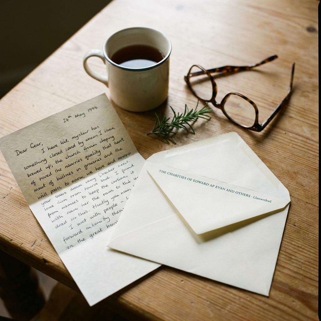 A handwritten letter on cream stock laid on a pine kitchen table beside an open envelope.
