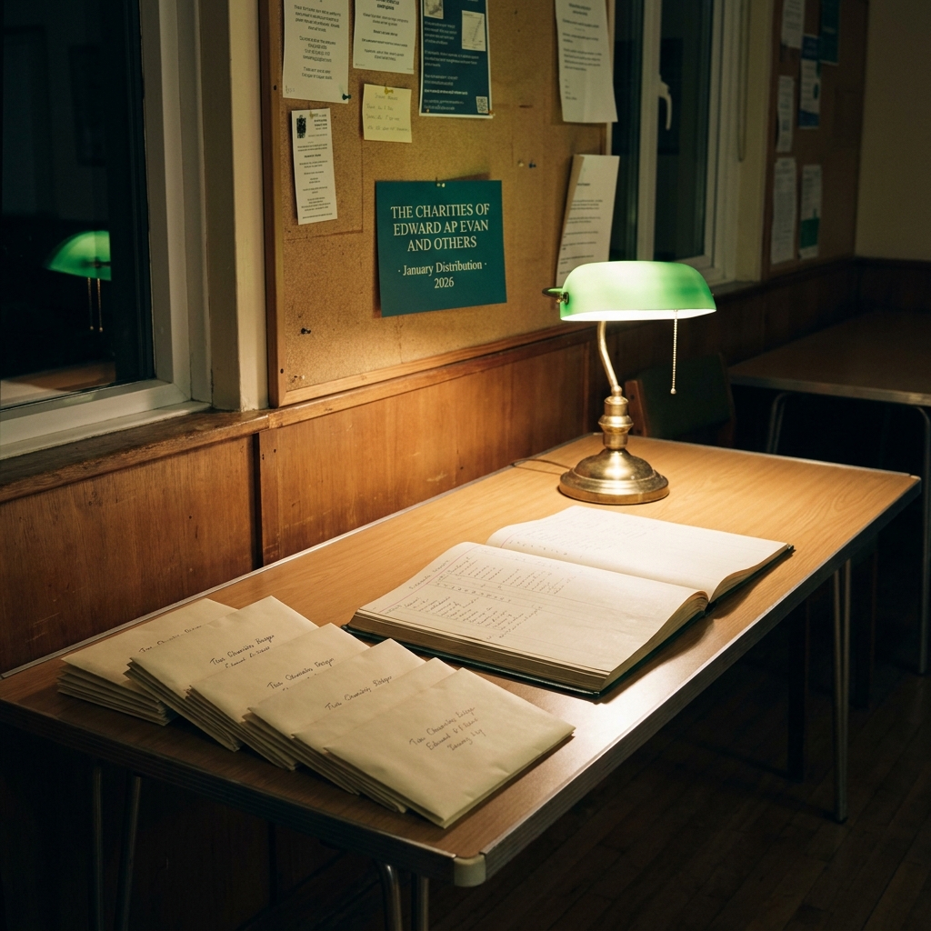 A buckram ledger and a stack of cream envelopes in Llanwrthwl Village Hall on a January evening.