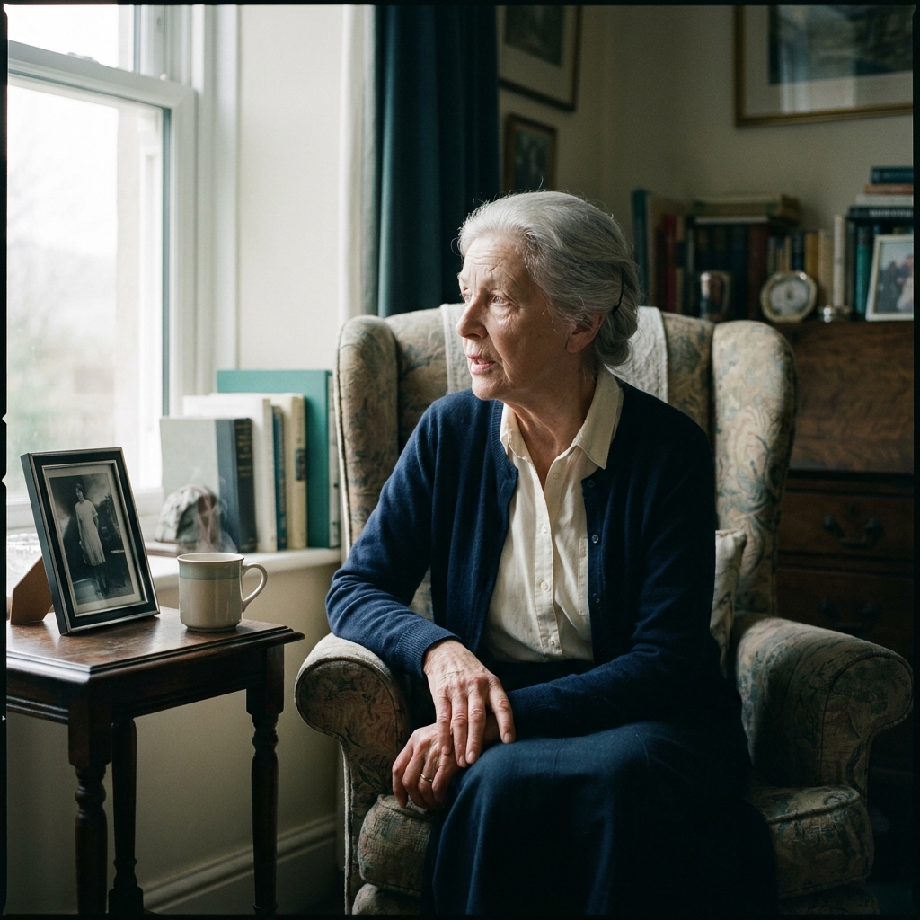 Margaret seated in her front parlour in Llanwrthwl, looking out of the window.
