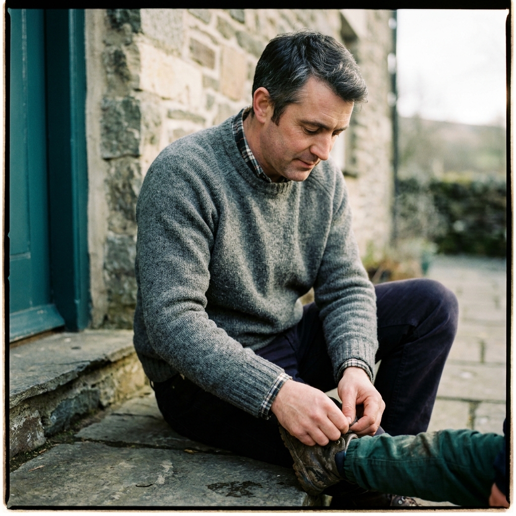Rhys kneeling on the back step of a stone cottage tying a child's boot laces.