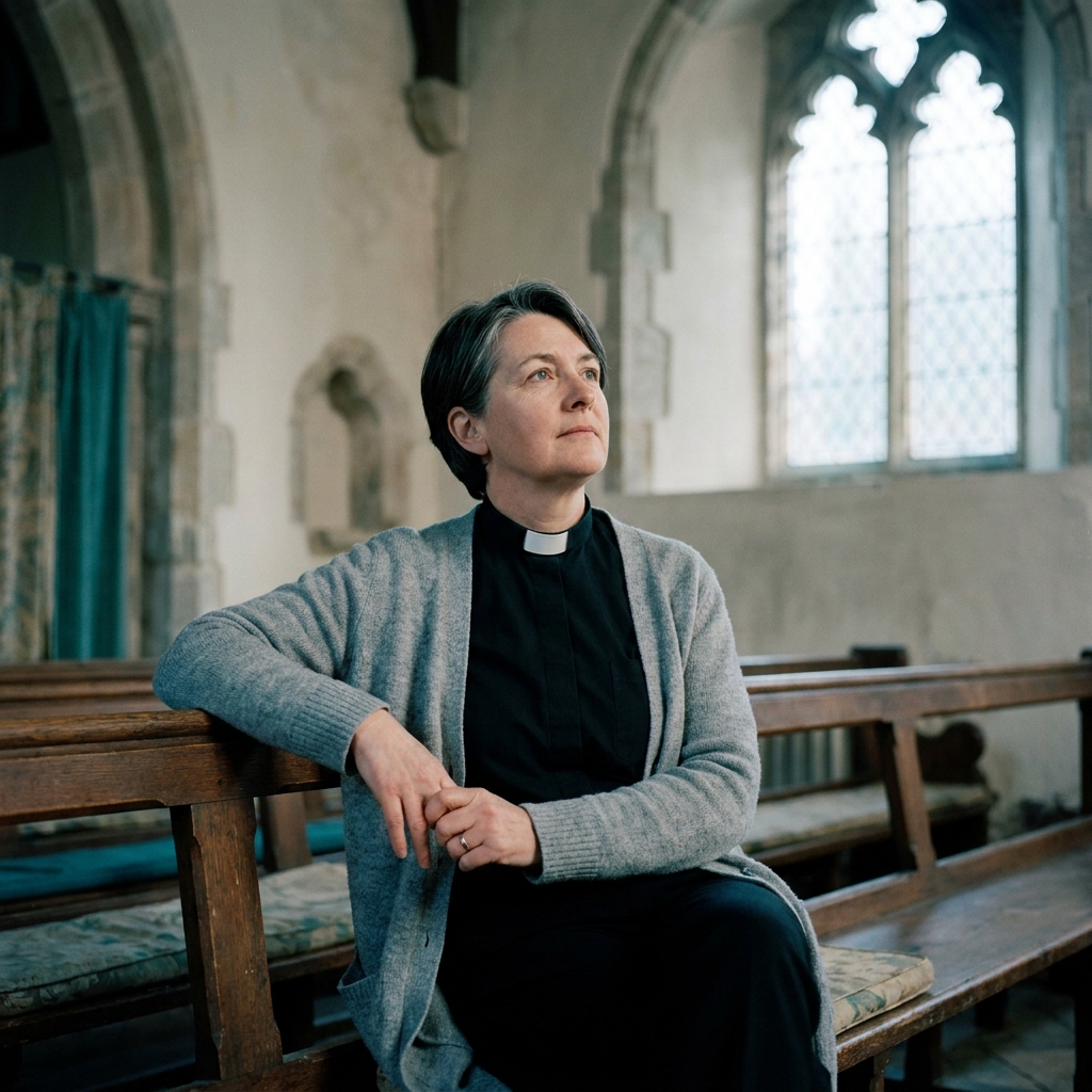 The Reverend Helen Pritchard seated on the front pew of St Gwrthwl's Church.